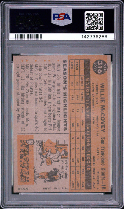 1960 Topps #316 Willie Mccovey All Star Rookie HOF Giants PSA 6