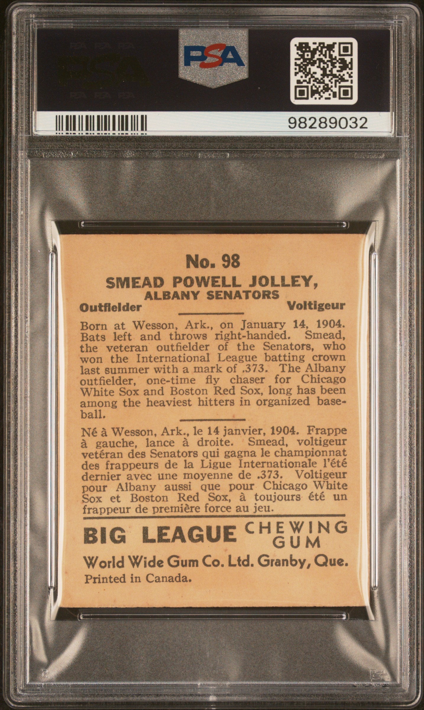 1936 World Wide Gum #98 Smead Jolley Senators PSA 4
