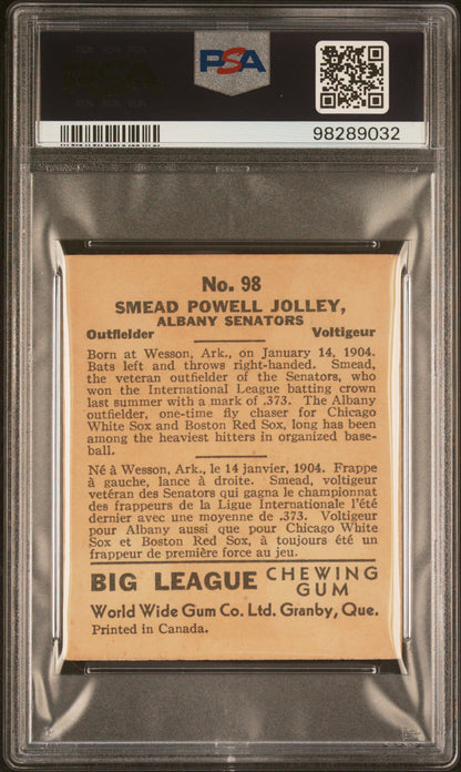 1936 World Wide Gum #98 Smead Jolley Senators PSA 4