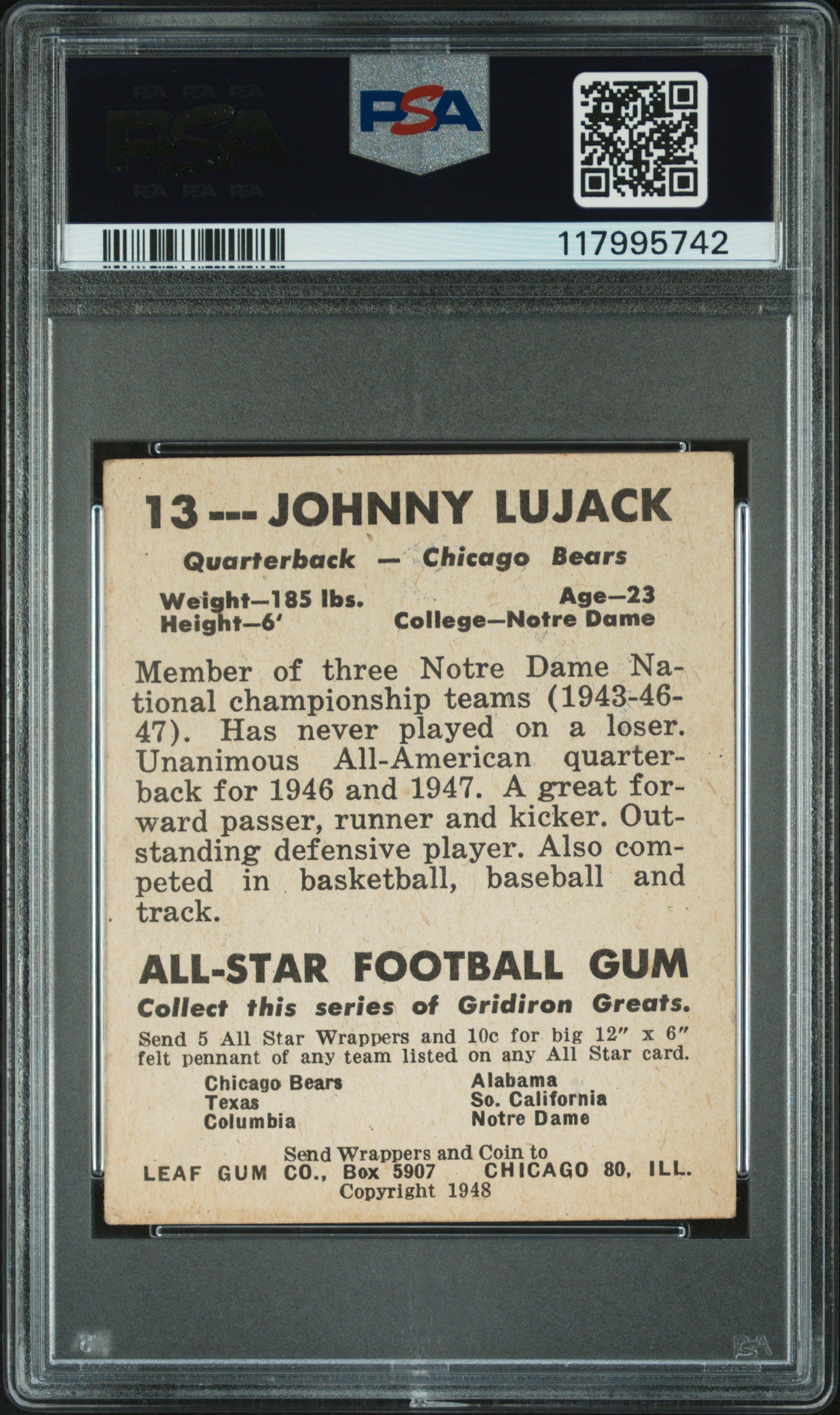1948 Leaf #13 Johnny Lujack Error Misspelled Jonny On Front Bears PSA 4
