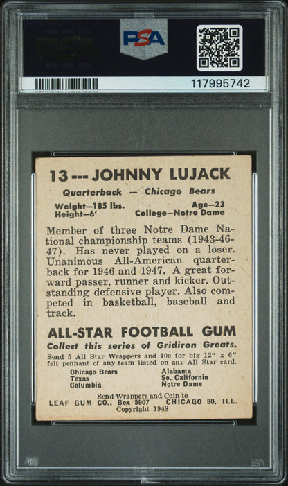 1948 Leaf #13 Johnny Lujack Error Misspelled Jonny On Front Bears PSA 4