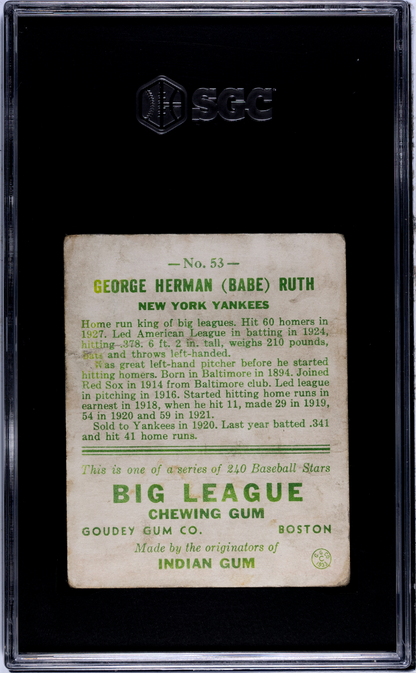 1933 Goudey #53 Babe Ruth Yankees SGC 1 Well Centered