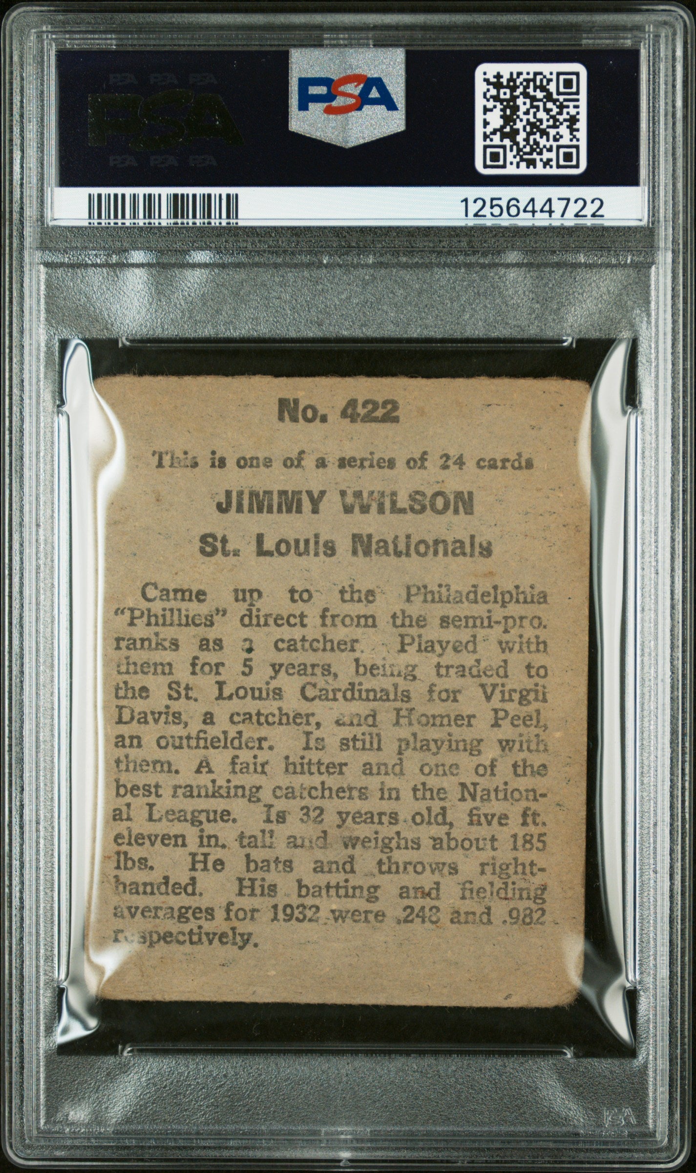 1933 Eclipse Import #422 Jimmy Wilson Cardinals PSA 1.5