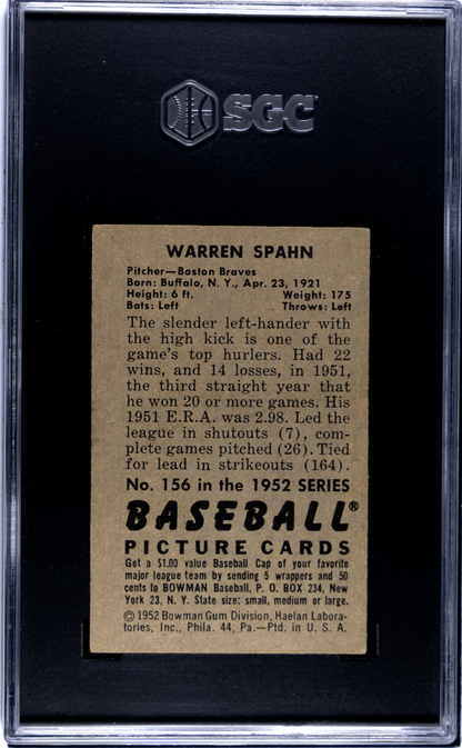 1952 Bowman #156 Warren Spahn Braves SGC 3.5