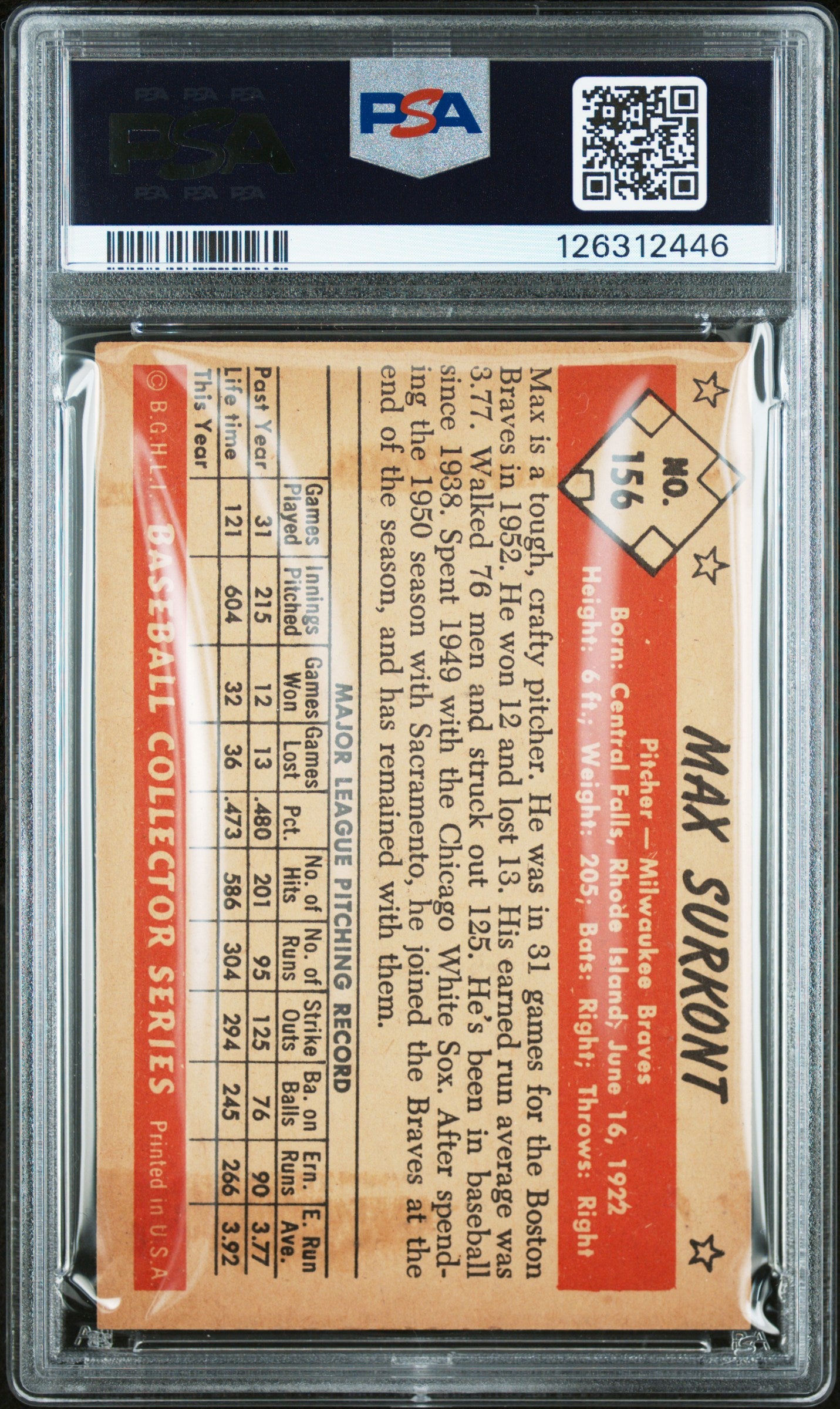 1953 Bowman Color #156 Max Surkont Braves PSA 5