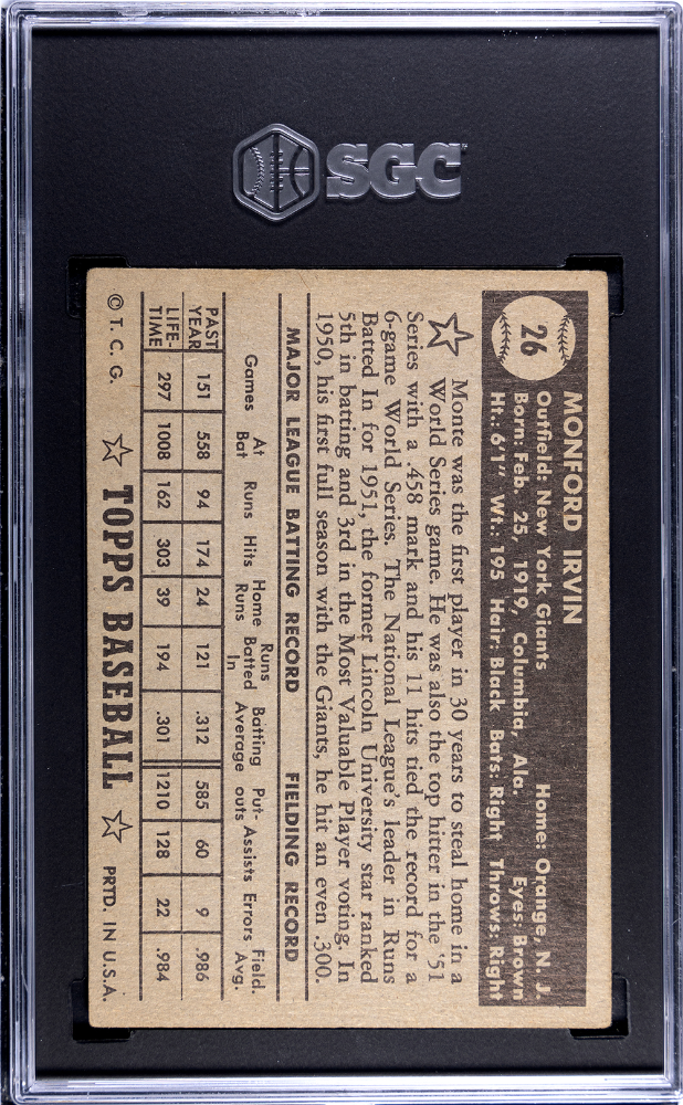 1952 Topps #26 Monte Irvin Black Back Giants SGC 3