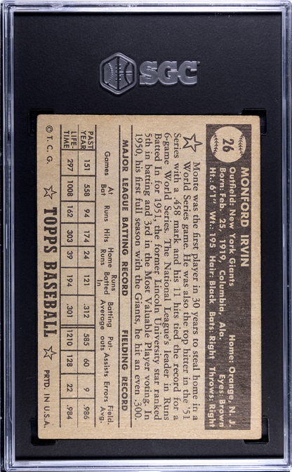 1952 Topps #26 Monte Irvin Black Back Giants SGC 3