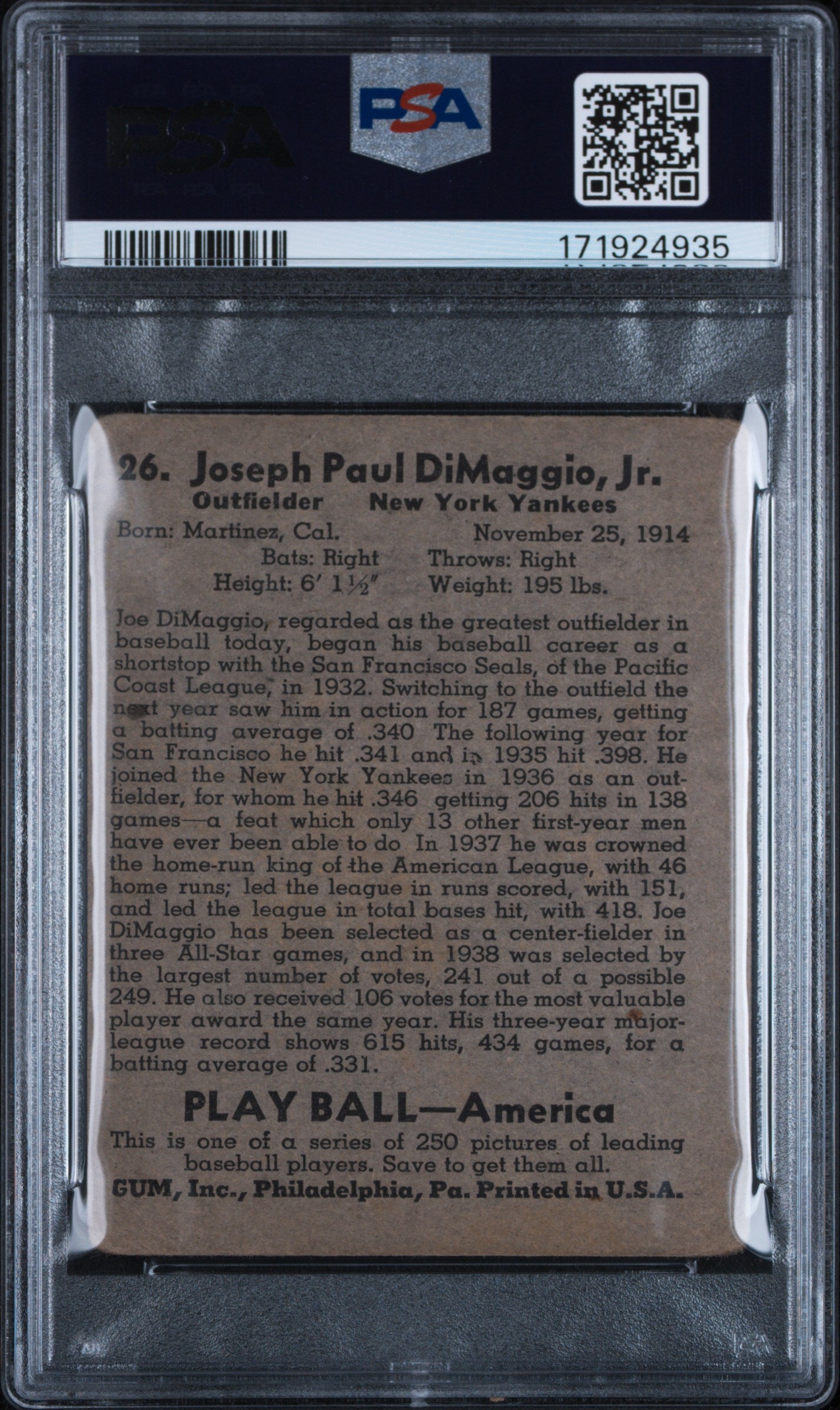 1939 Play Ball #26 Joe Dimaggio Yankees PSA 1.5