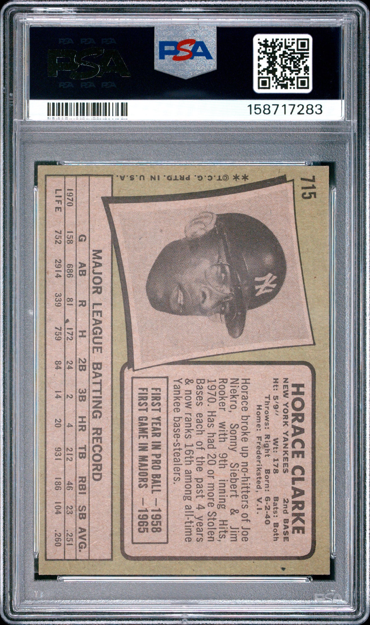1971 Topps #715 Horace Clarke Yankees Short Print PSA 9