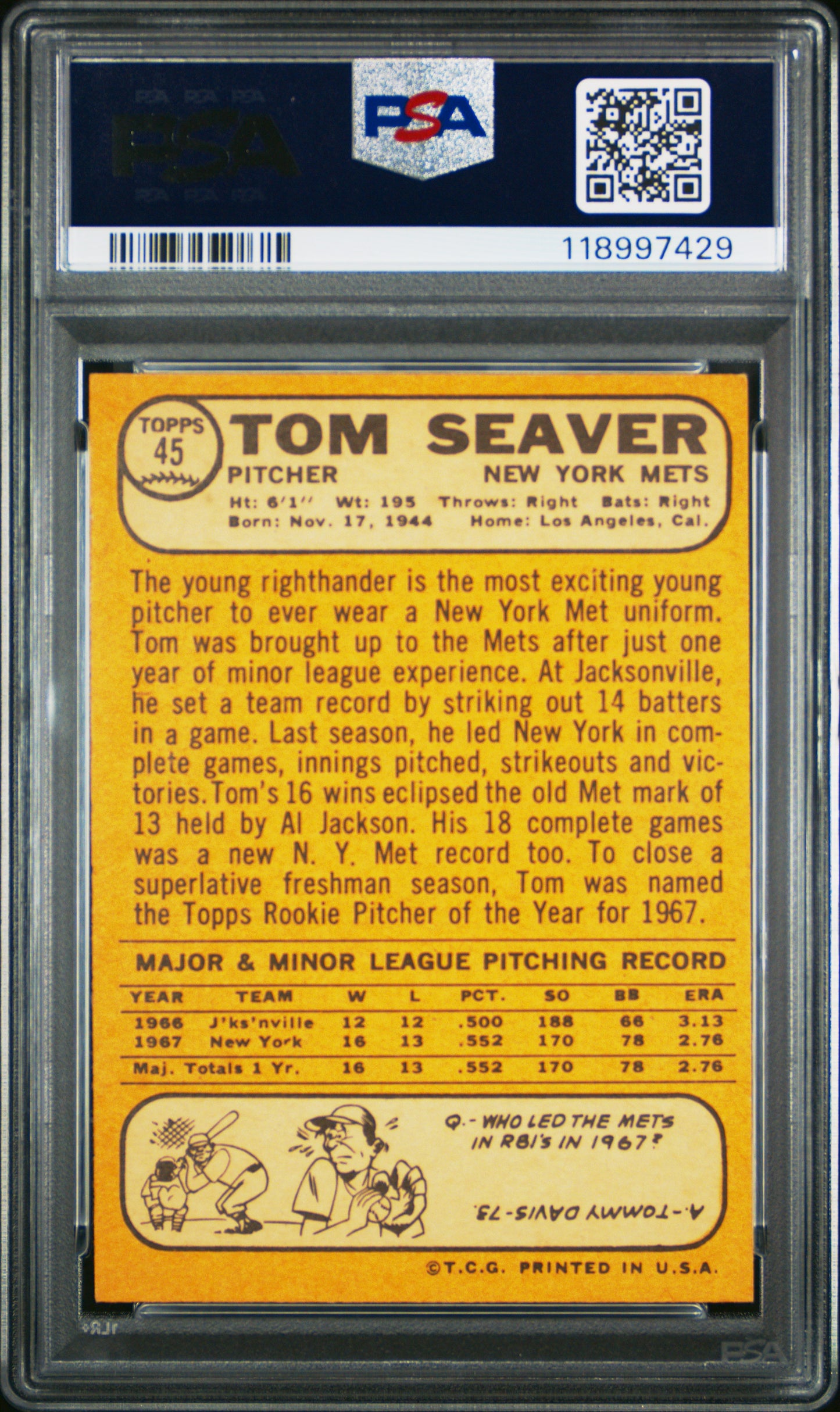1968 Topps #45 Tom Seaver  2nd Year Mets PSA 6