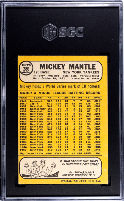 1968 Topps #280 Mickey Mantle Yankees SGC 3.5