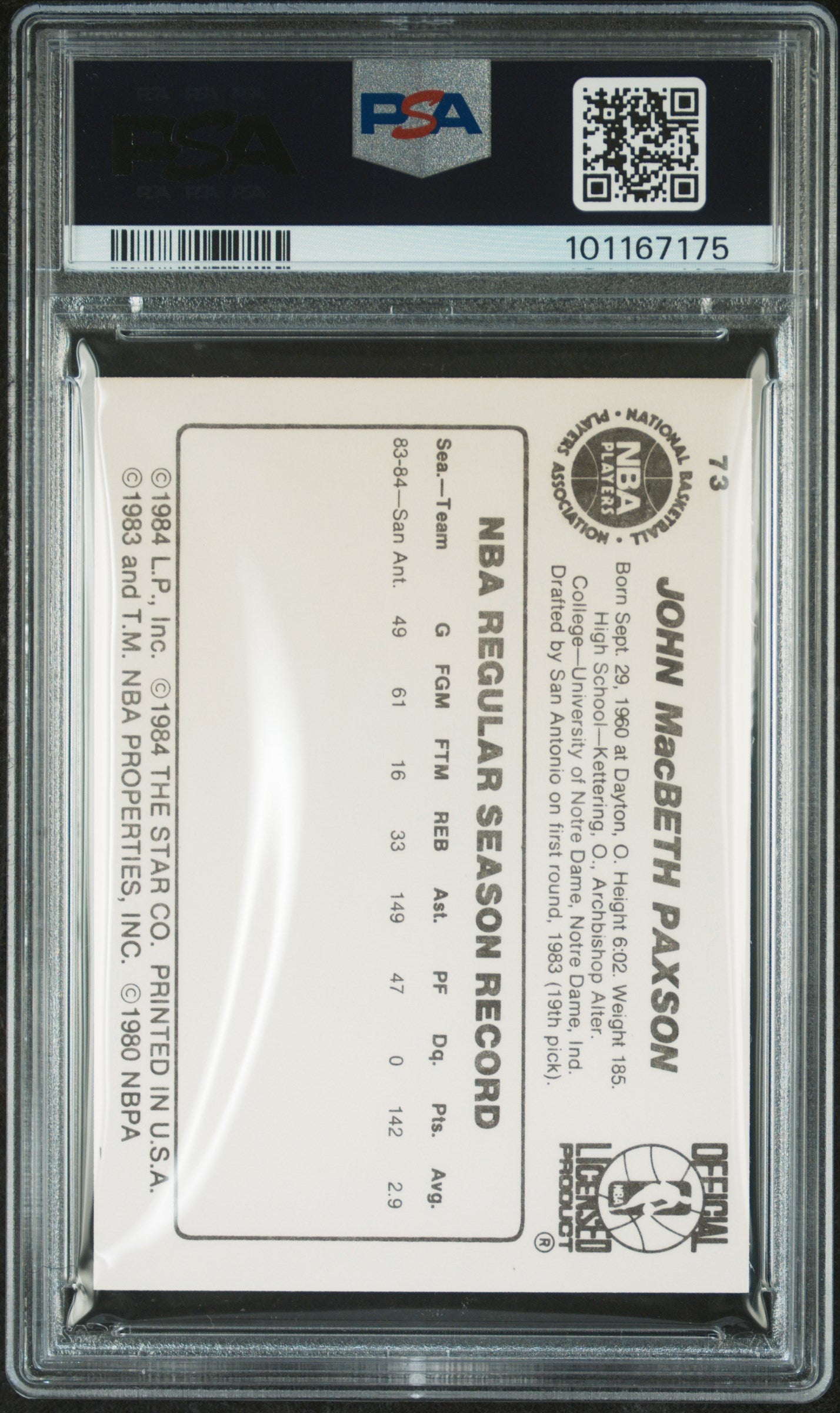 1984 Star #73 John Paxson Spurs PSA 6