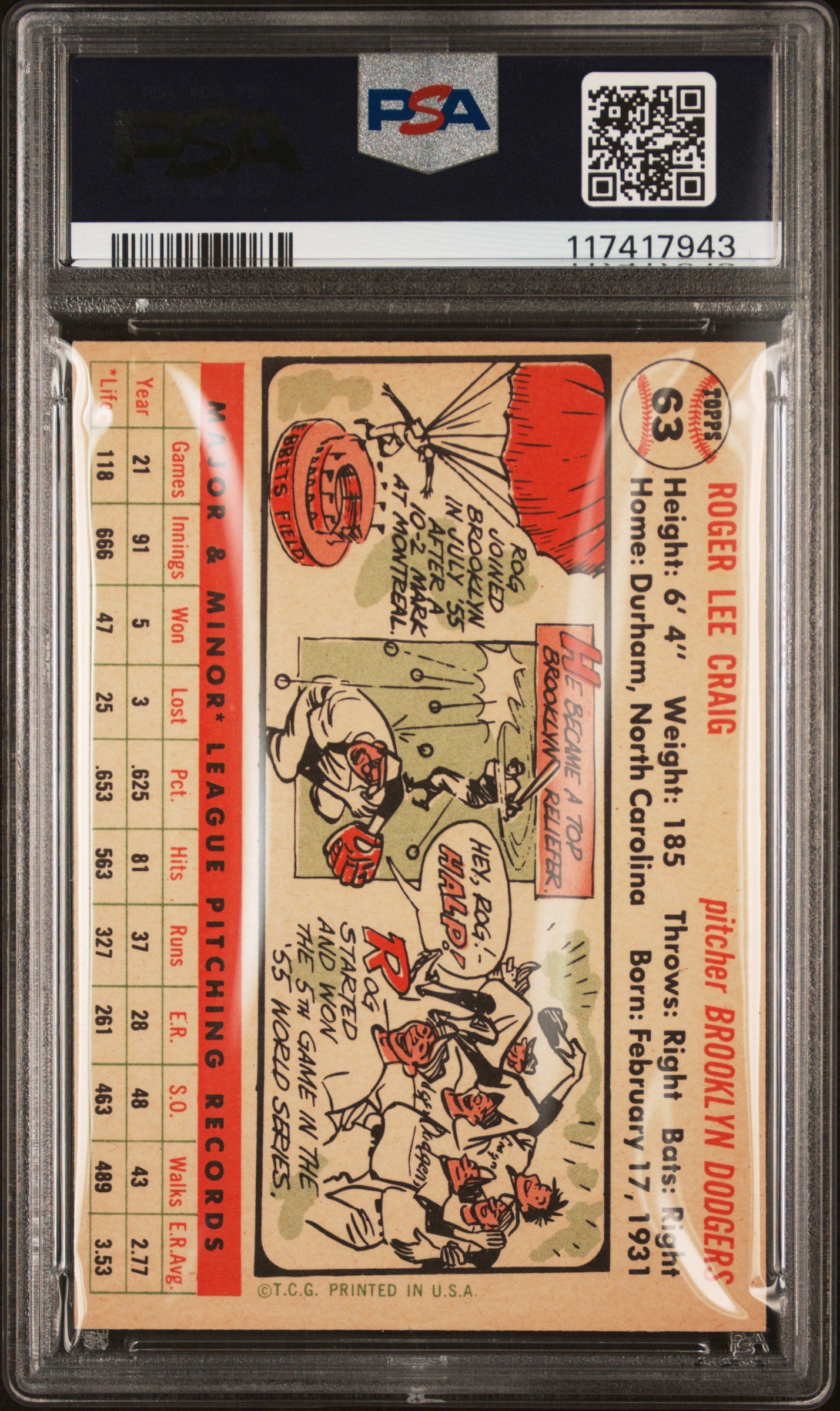 1956 Topps #63 Roger Craig White Back Dodgers PSA 7