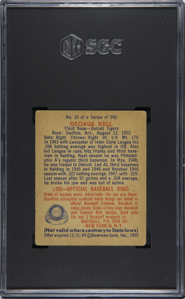 1949 Bowman #26 George Kell Rookie HOF Tigers SGC 2 Well Centered