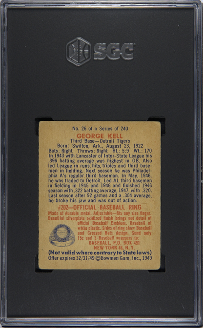 1949 Bowman #26 George Kell Rookie HOF Tigers SGC 2 Well Centered