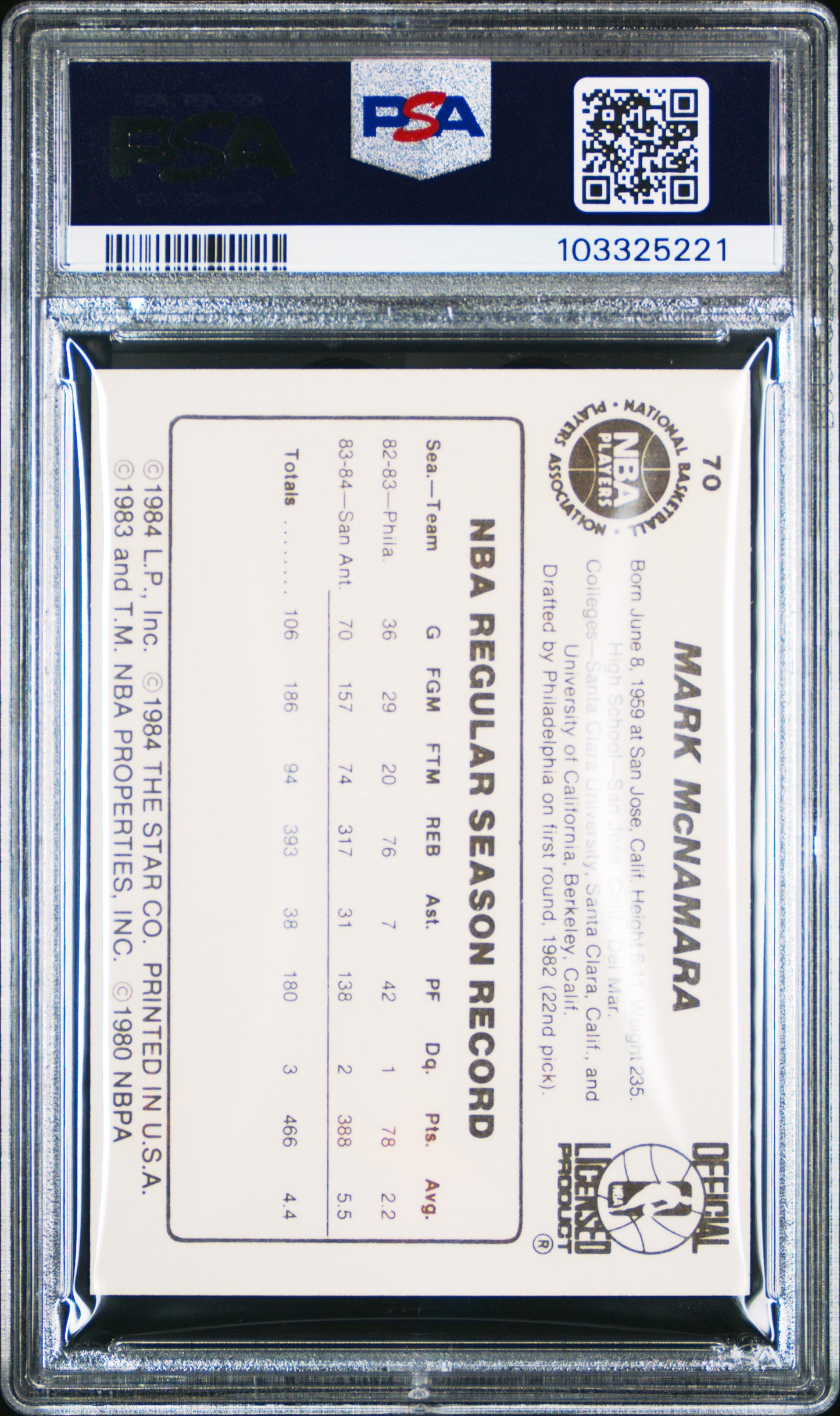 1984 Star #70 Mark Mcnamara Spurs PSA 9 (OC)