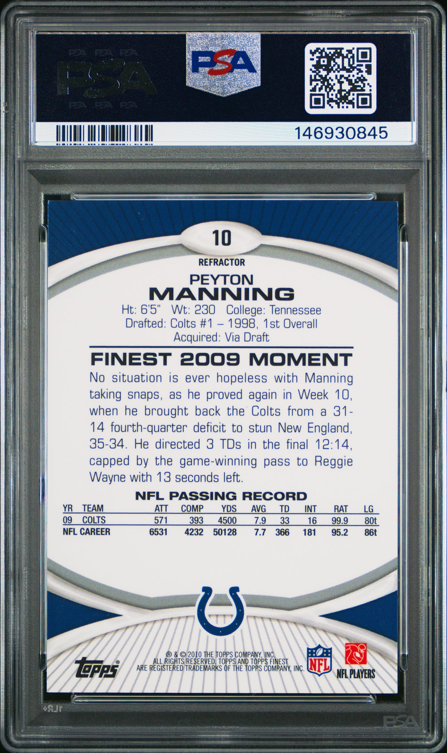 2010 Finest #10 Peyton Manning Gold Refractor PSA 9