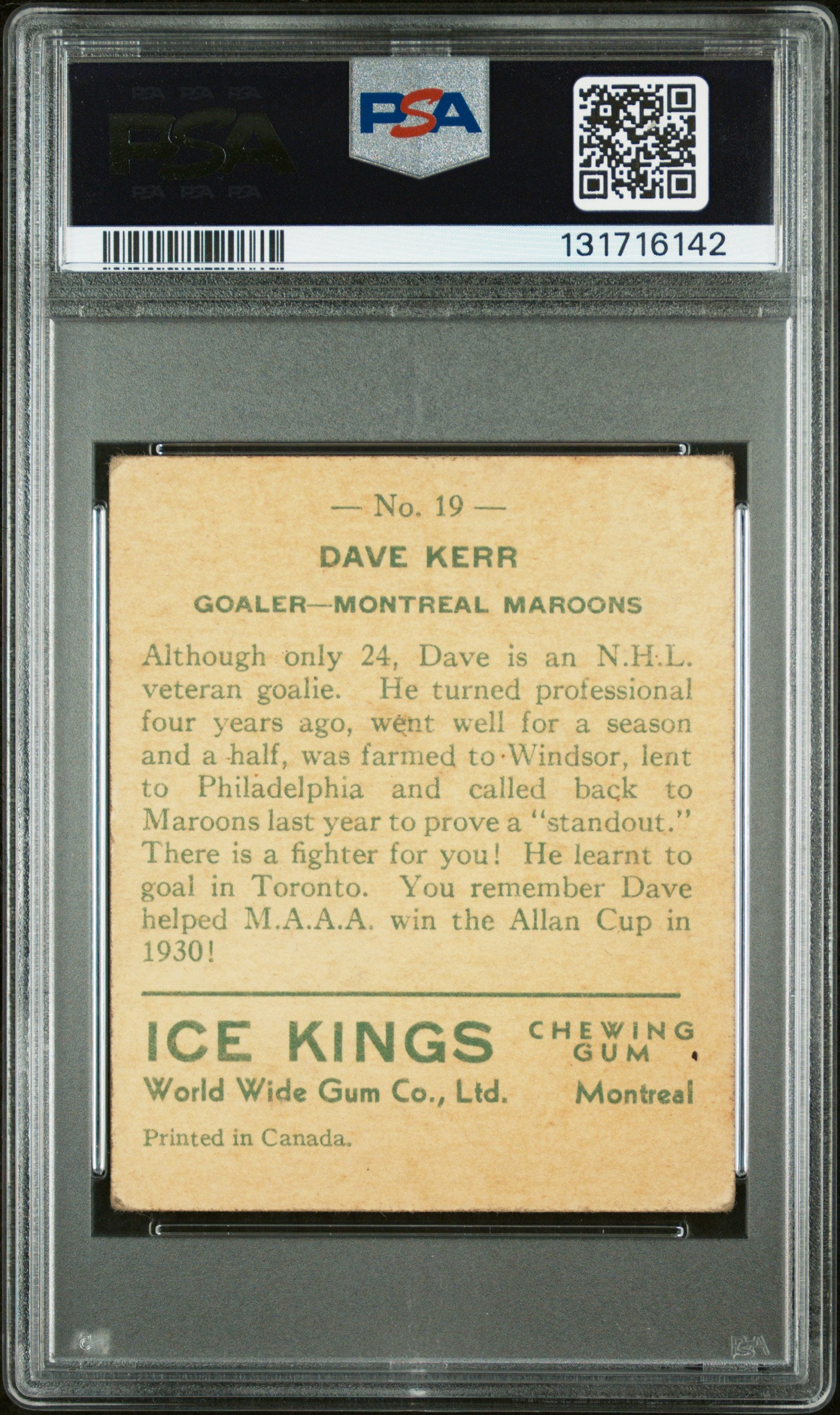 1933 World Wide Gum Ice Kings #19 Dave Kerr English Only PSA 1.5