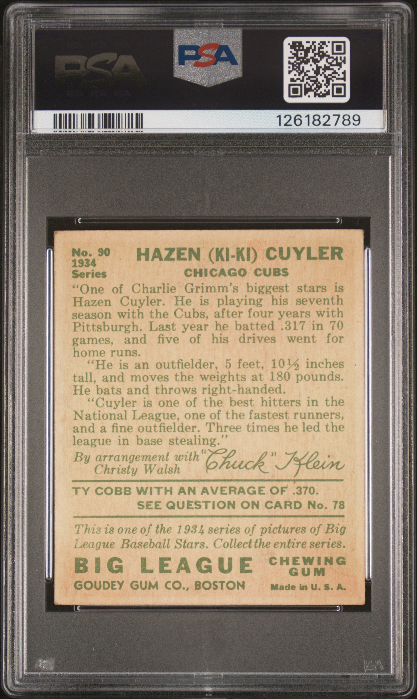 1934 Goudey #90 Ki Ki Cuyler Cubs PSA 4 Well Centered