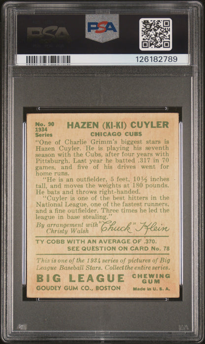 1934 Goudey #90 Ki Ki Cuyler Cubs PSA 4 Well Centered