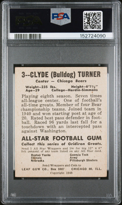 1948 Leaf #3 Bulldog Turner Rookie HOF Bears Bright Yellow Pants PSA 2.5