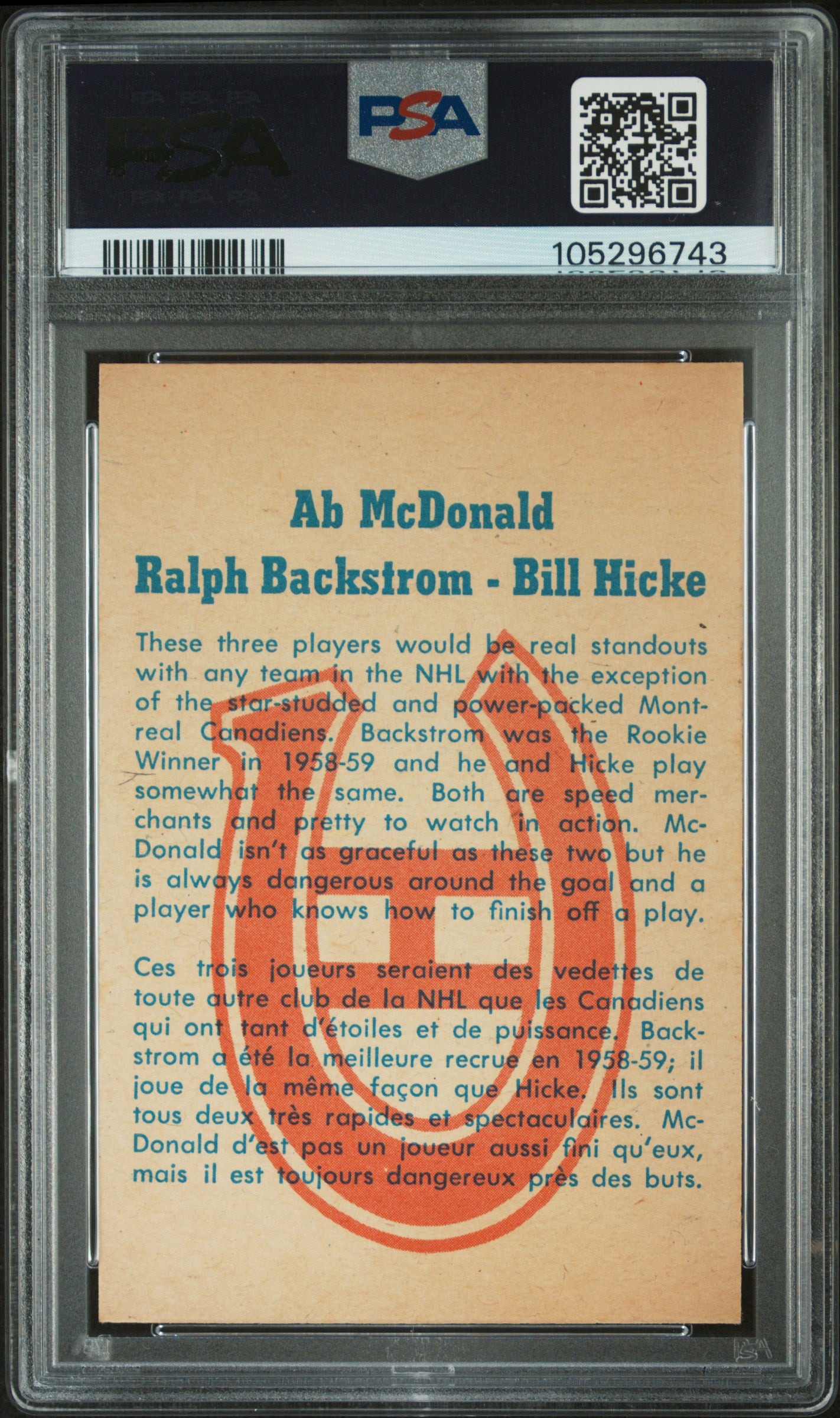 1960 Parkhurst #56 R. Backstrom B. Hicke A. McDonald Canadiens PSA 8