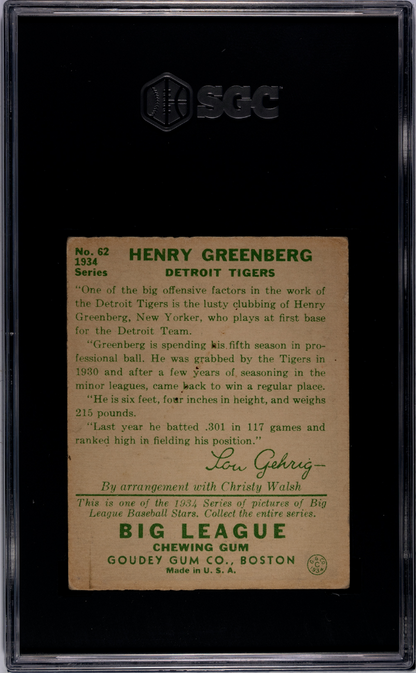 1934 Goudey #62 Hank Greenberg Rookie HOF Tigers SGC 3