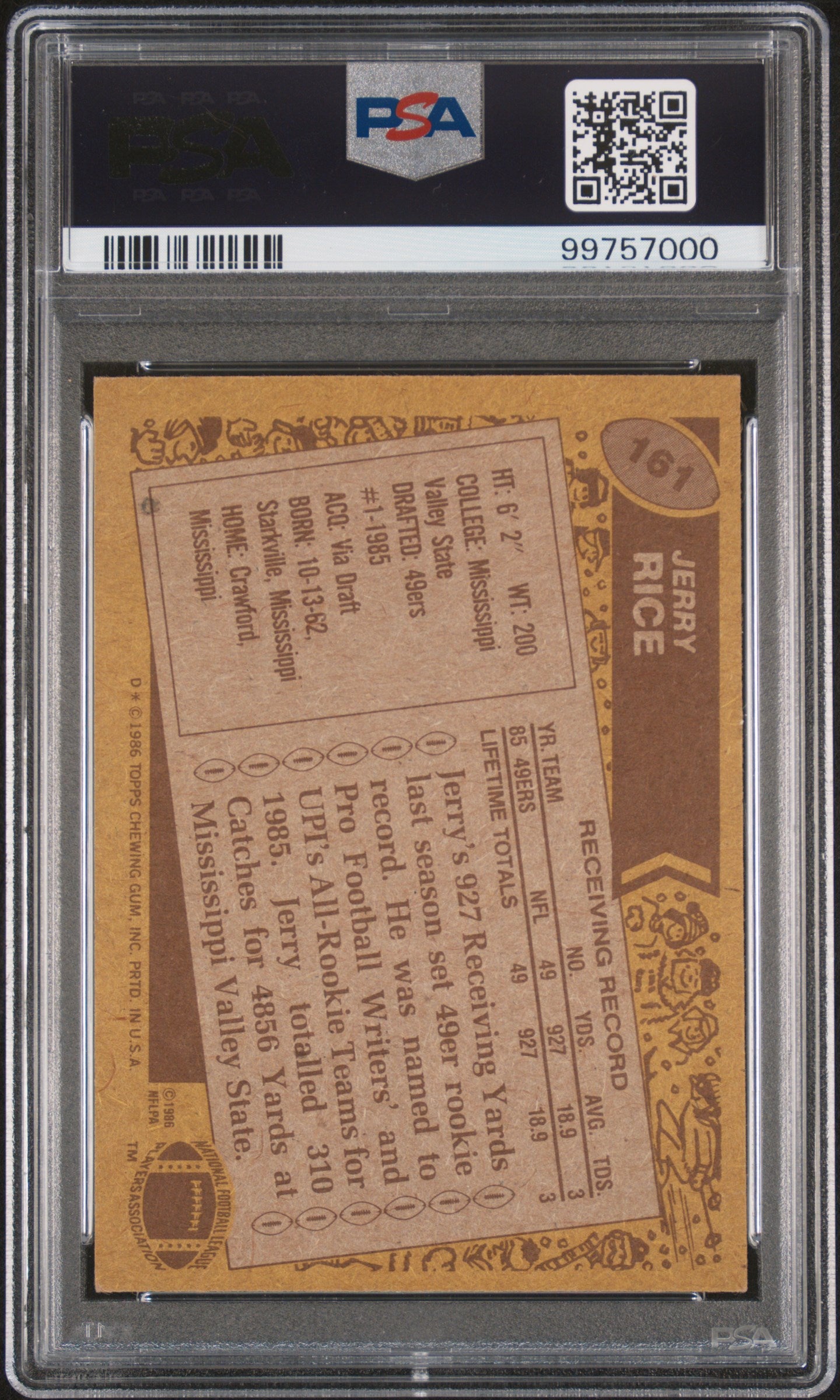 1986 Topps #161 Jerry Rice Rookie HOF Signed 49ers PSA Authentic Auto 9