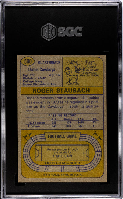 1974 Topps #500 Roger Staubach Cowboys SGC 8