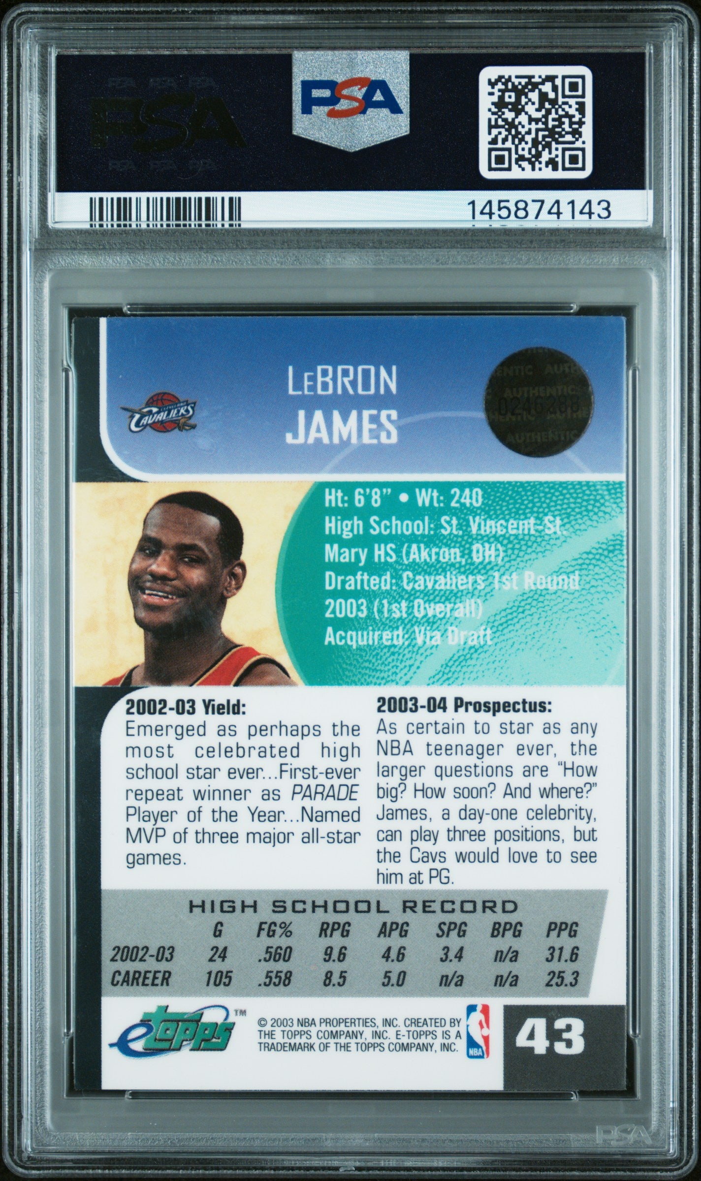 2003 Etopps #43 LeBron James Rookie PSA 9
