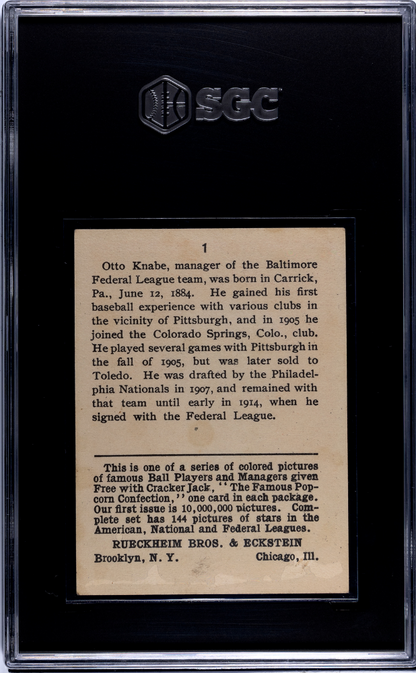 1914 Cracker Jack #1 Otto Knabe Baltimore SGC 3 Well Centered
