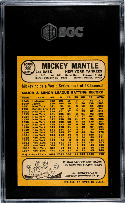 1968 Topps #280 Mickey Mantle Yankees SGC 4