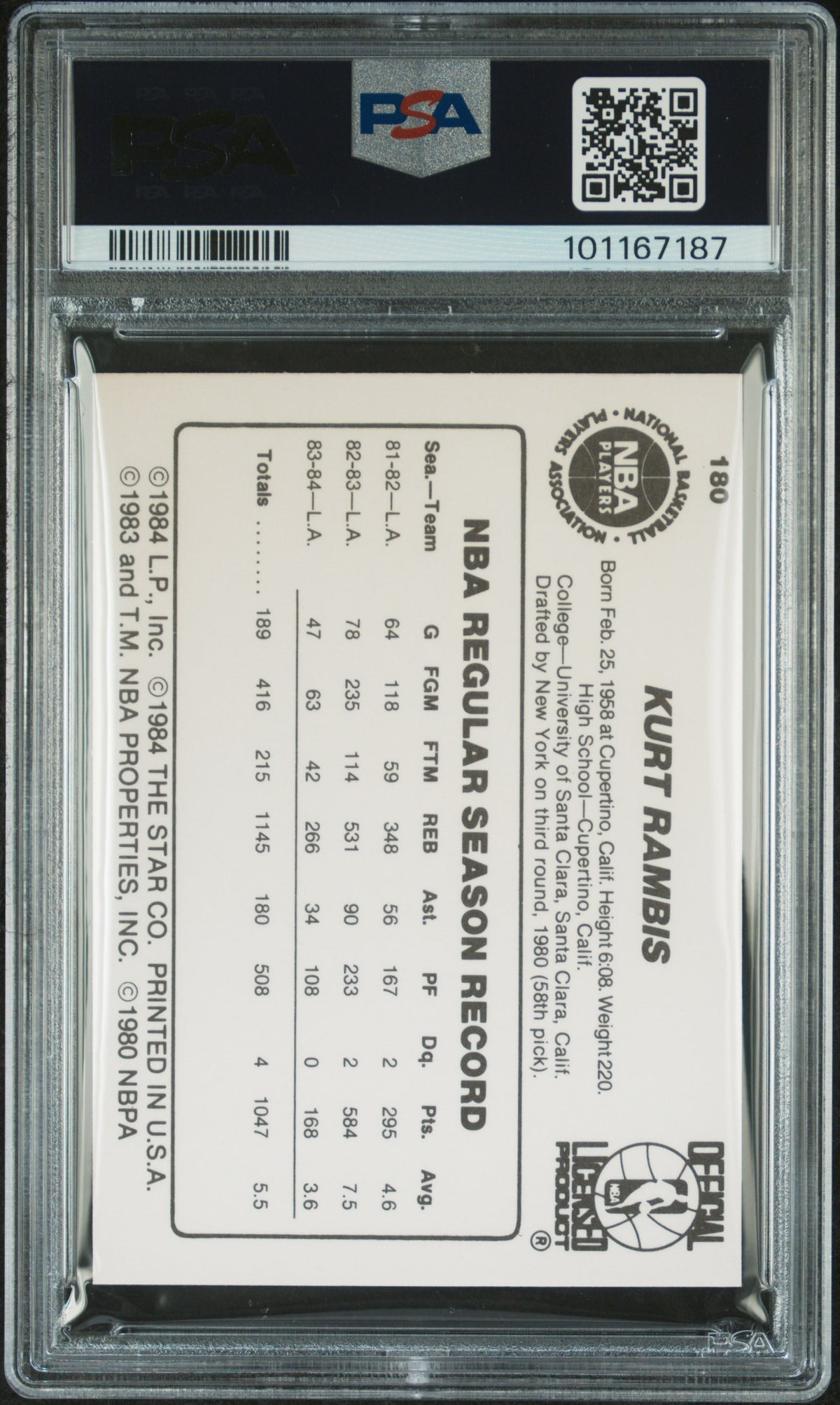 1984 Star #180 Kurt Rambis Lakers PSA 6