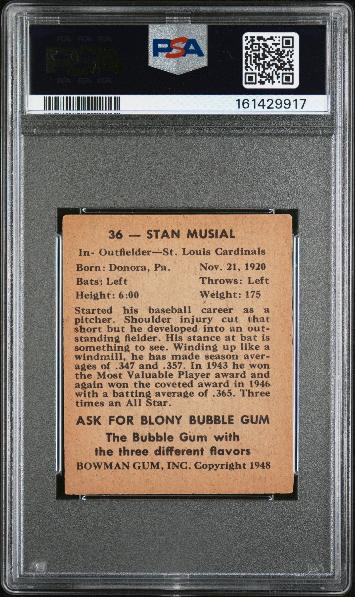 1948 Bowman #36 Stan Musial Rookie HOF Cardinals PSA 4