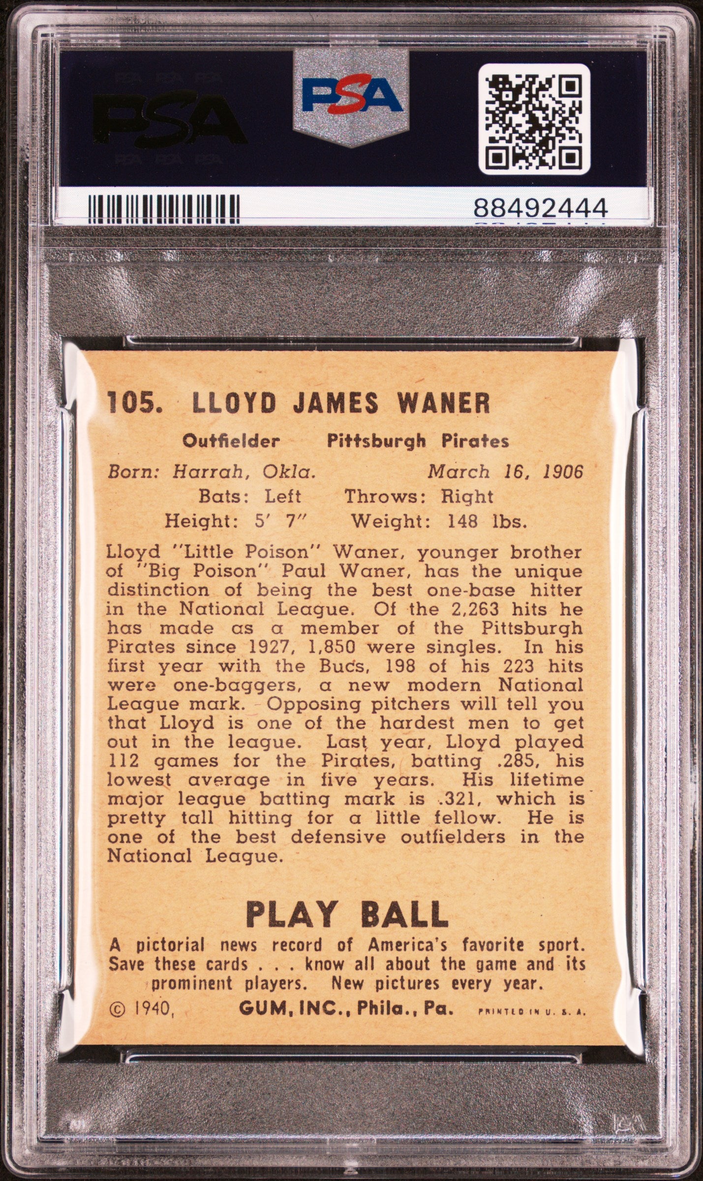 1940 Play Ball #105 Lloyd Waner Pirates PSA 6