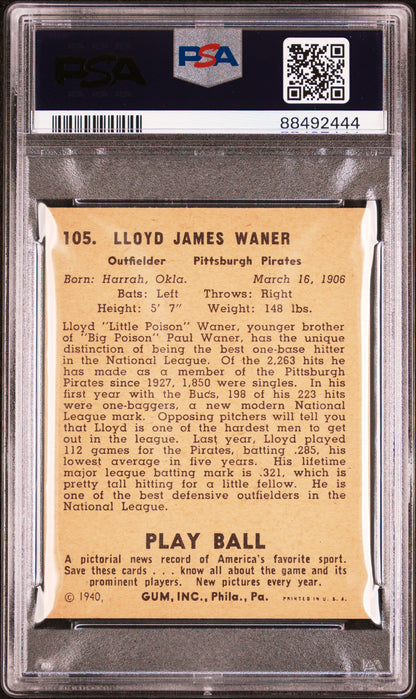 1940 Play Ball #105 Lloyd Waner Pirates PSA 6