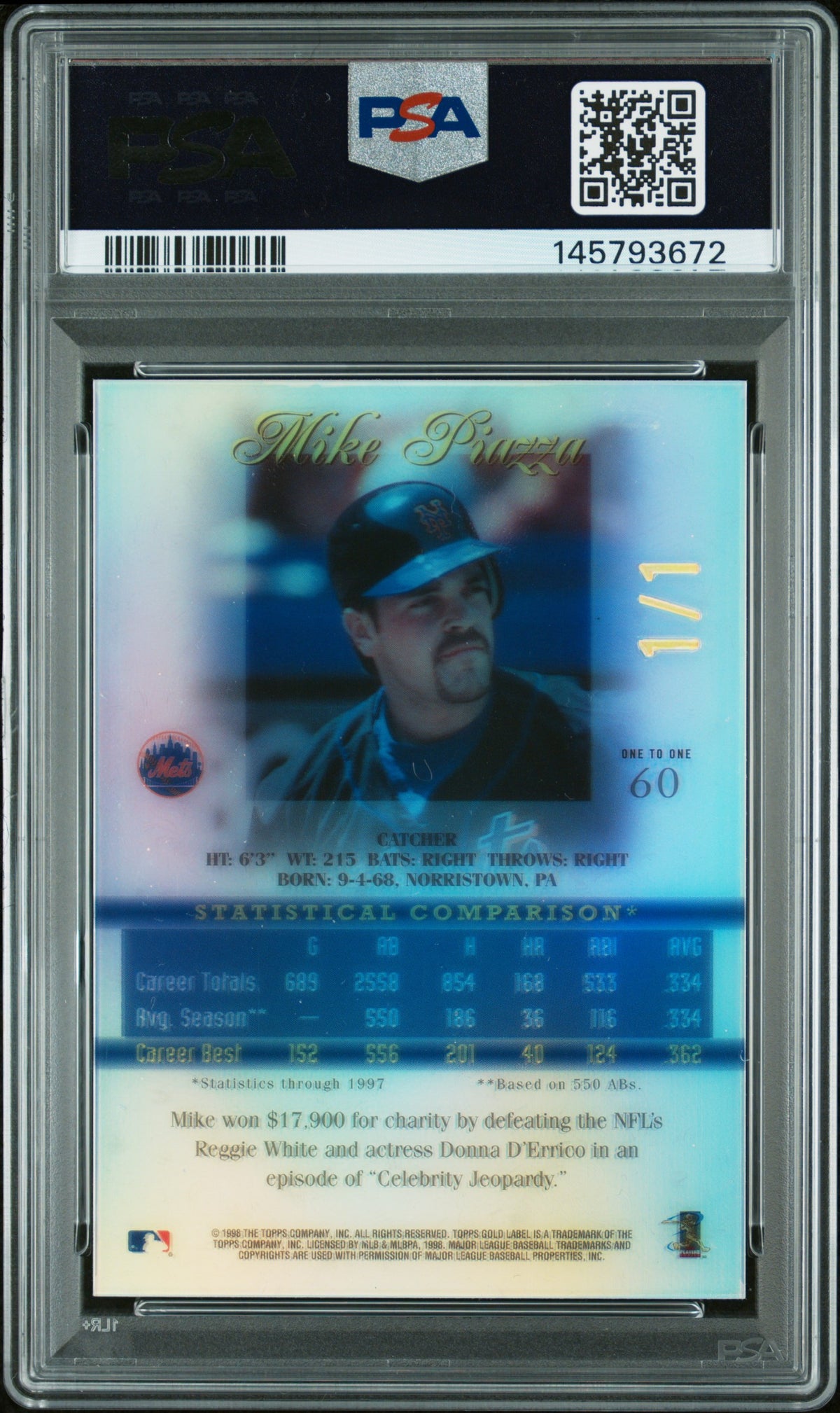 1998 Topps Gold Label Class 2 #60 Mike Piazza 1 of 1 Mets PSA 9