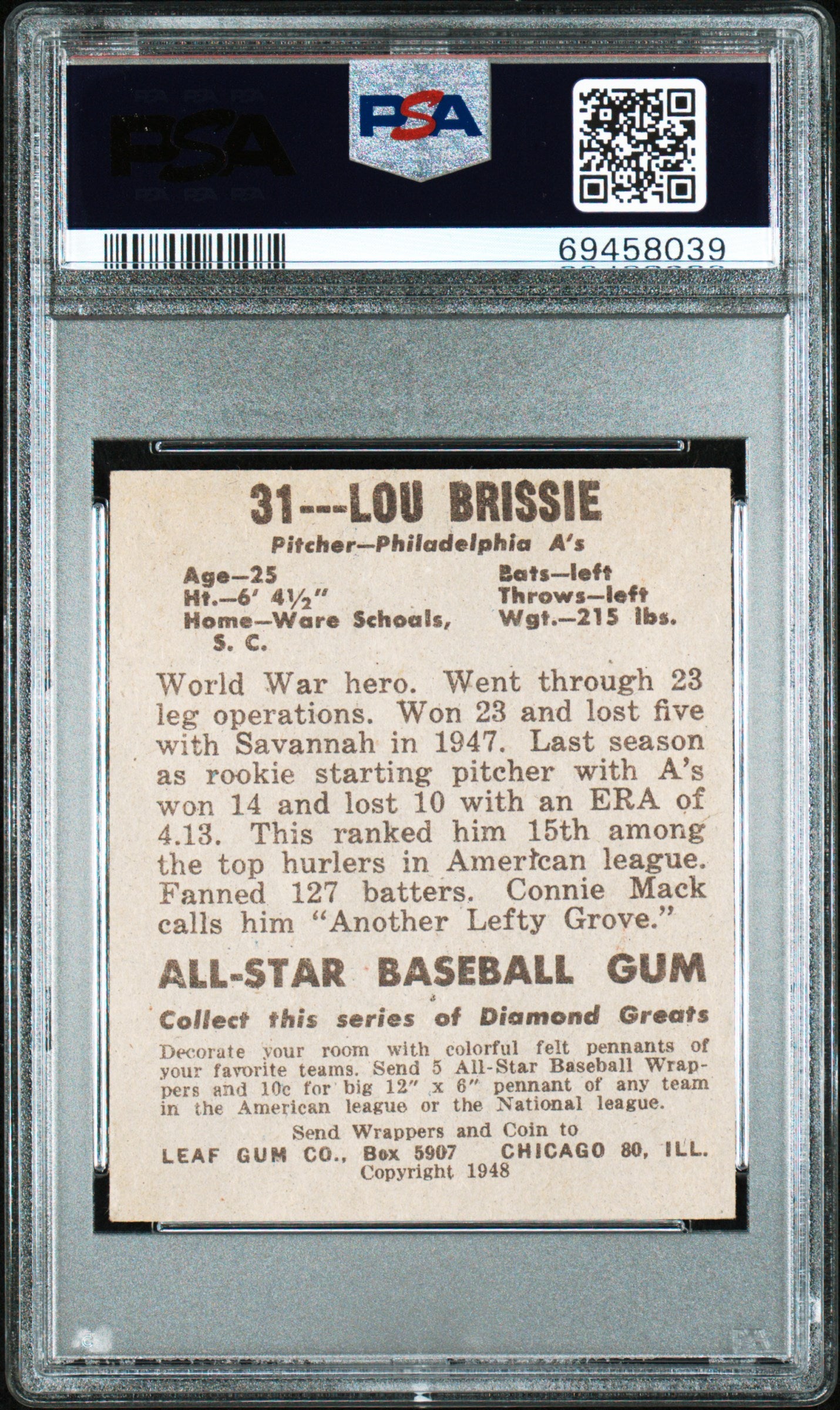1948 Leaf #31 Lou Brissie Athletics PSA 5
