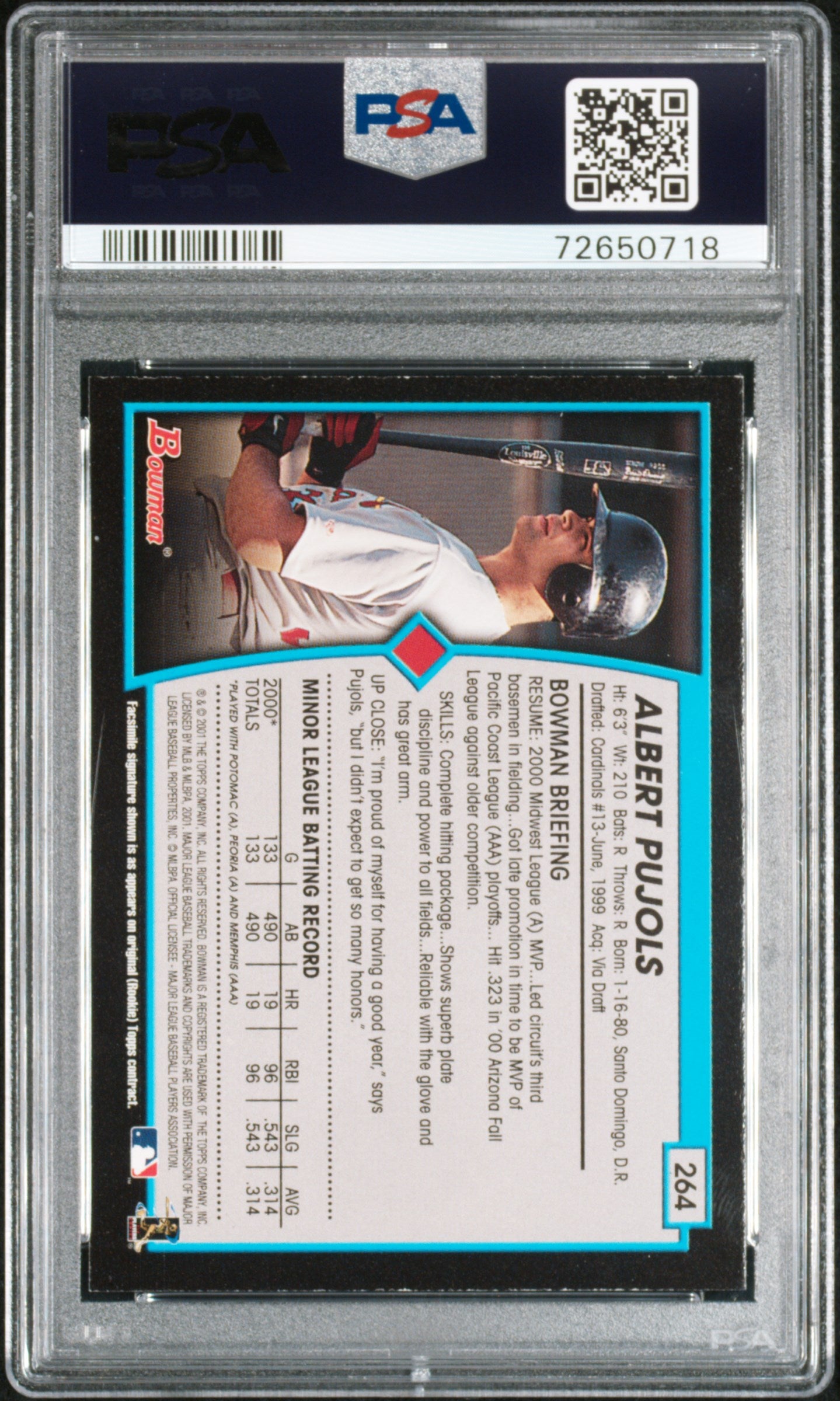 2001 Bowman #264 Albert Pujols Rookie Cardinals PSA 9