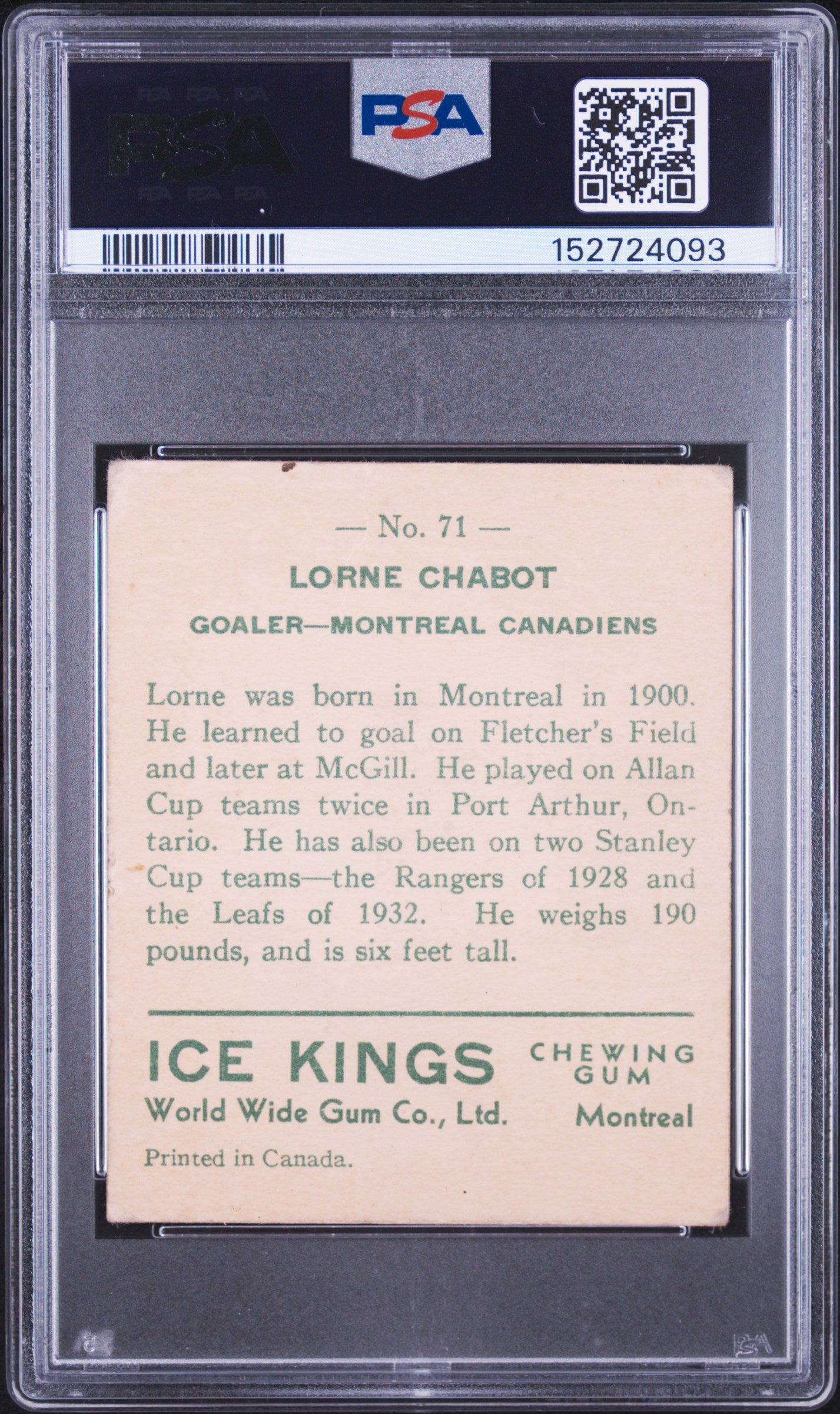 1933 World Wide Gum Ice Kings #71 Lorne Chabot Canadiens English Only PSA 1.5