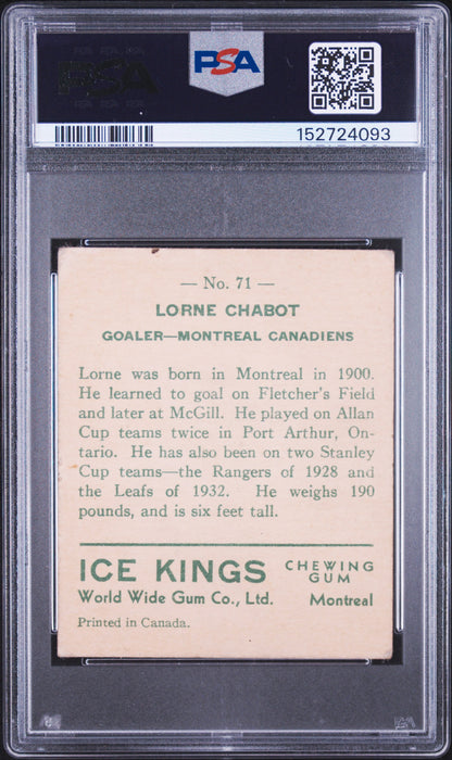 1933 World Wide Gum Ice Kings #71 Lorne Chabot Canadiens English Only PSA 1.5