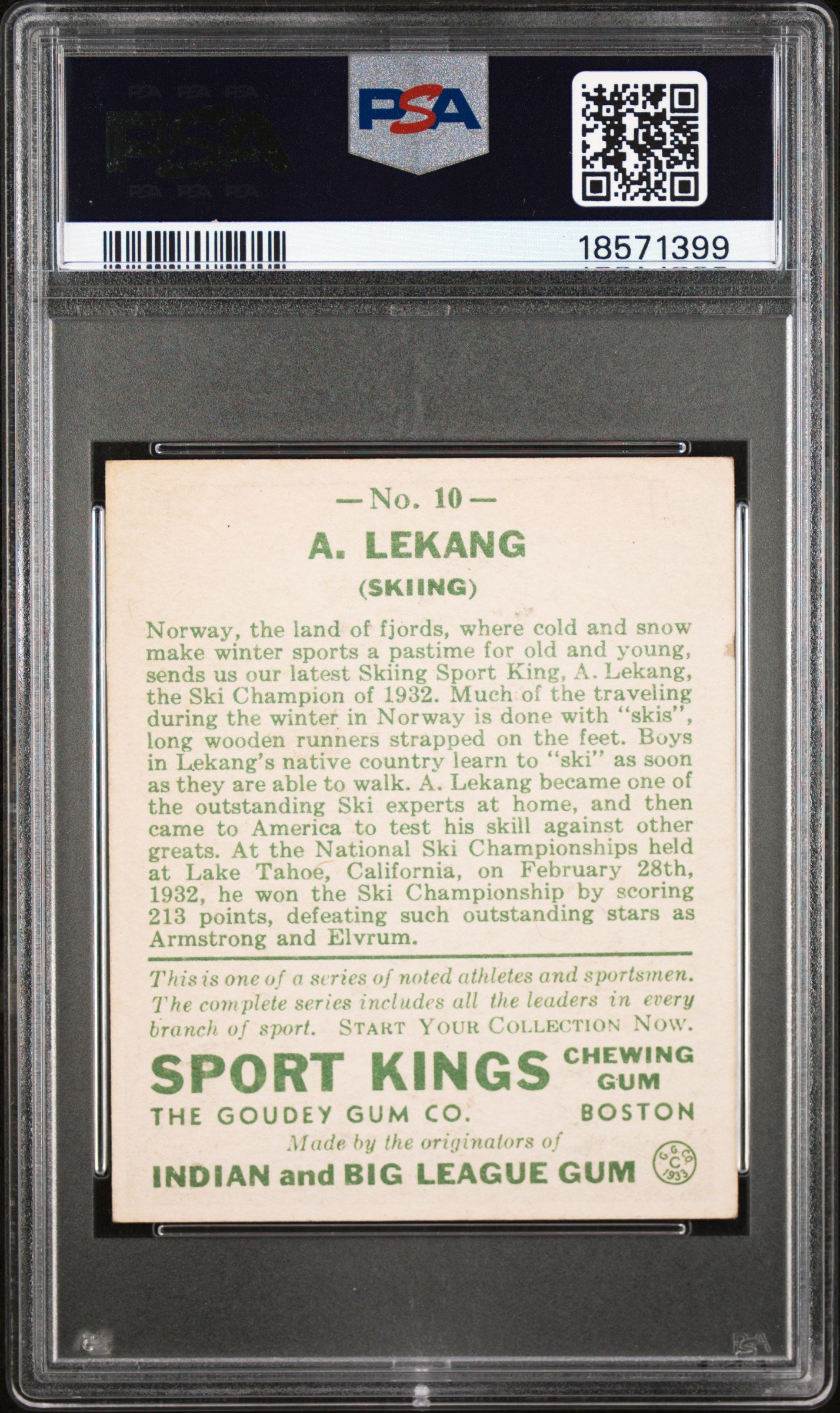 1933 Goudey Sport Kings #10 Anton Lekang Skiing PSA 7