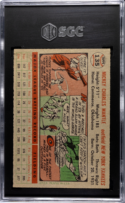 1956 Topps #135 Mickey Mantle Gray Back Yankees SGC 2.5 (Appears Nicer)