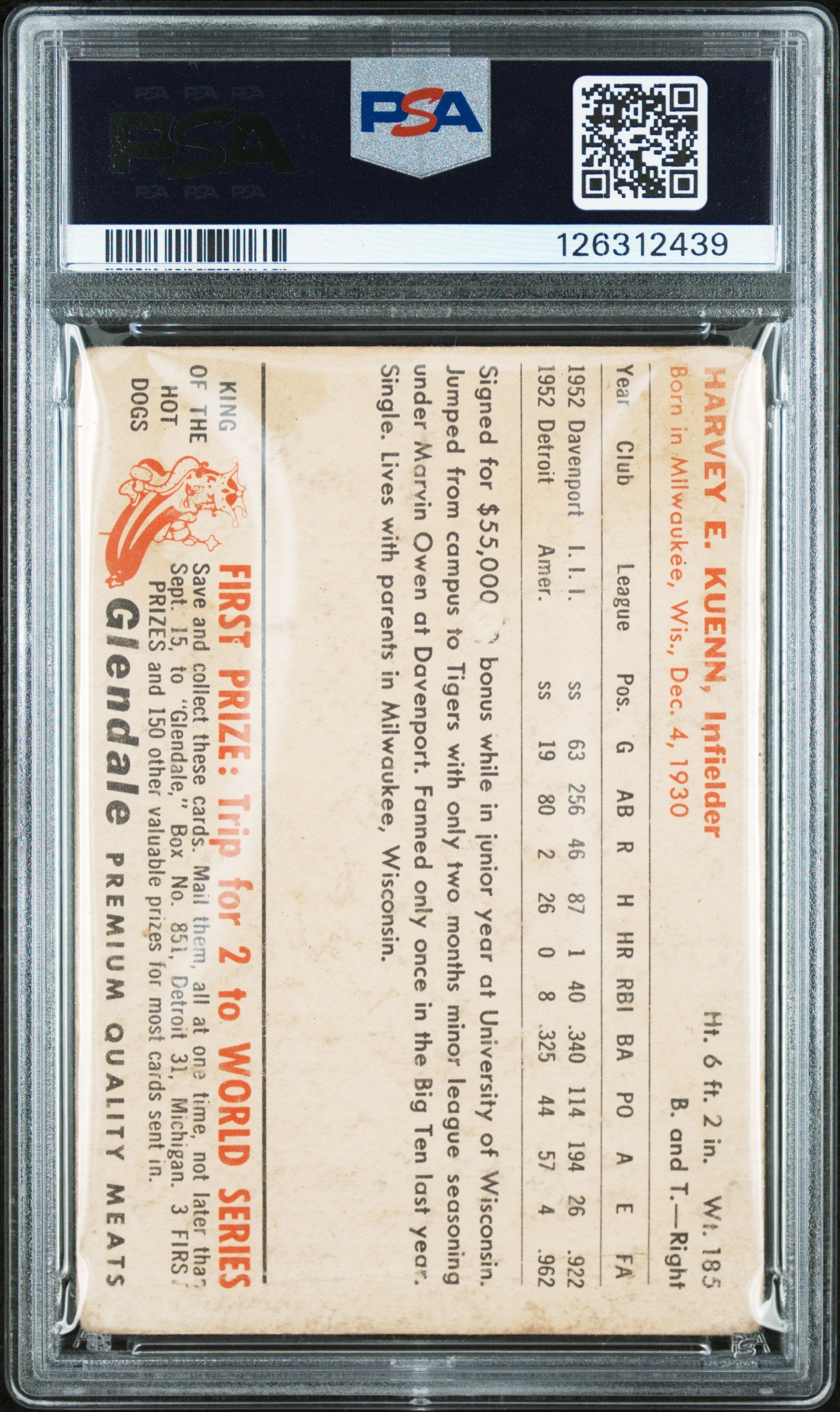 1953 Glendale Hot Dogs Harvey Kuenn Tigers PSA 1