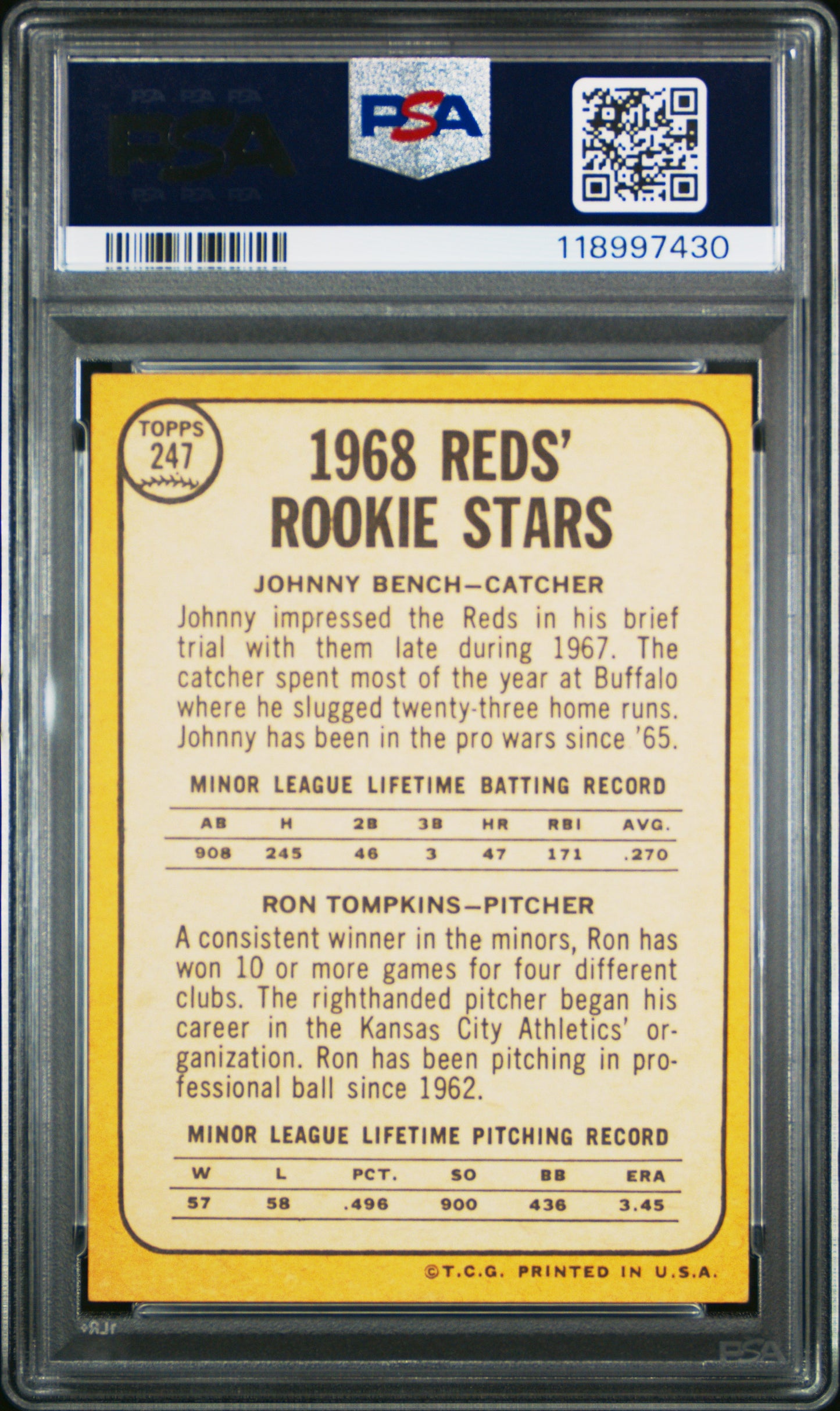 1968 Topps #247 Johnny Bench Rookie HOF Reds PSA 5