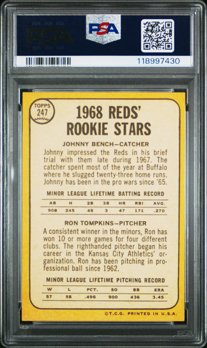 1968 Topps #247 Johnny Bench Rookie HOF Reds PSA 5