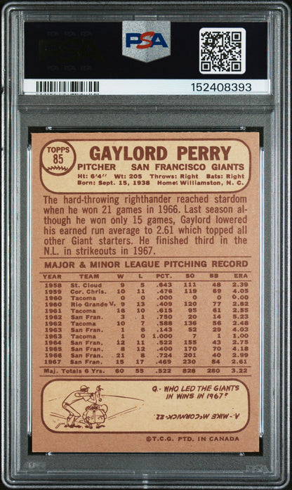 1968 OPC O-Pee-Chee #85 Gaylord Perry PSA 9 Well Centered POP 8 None Higher