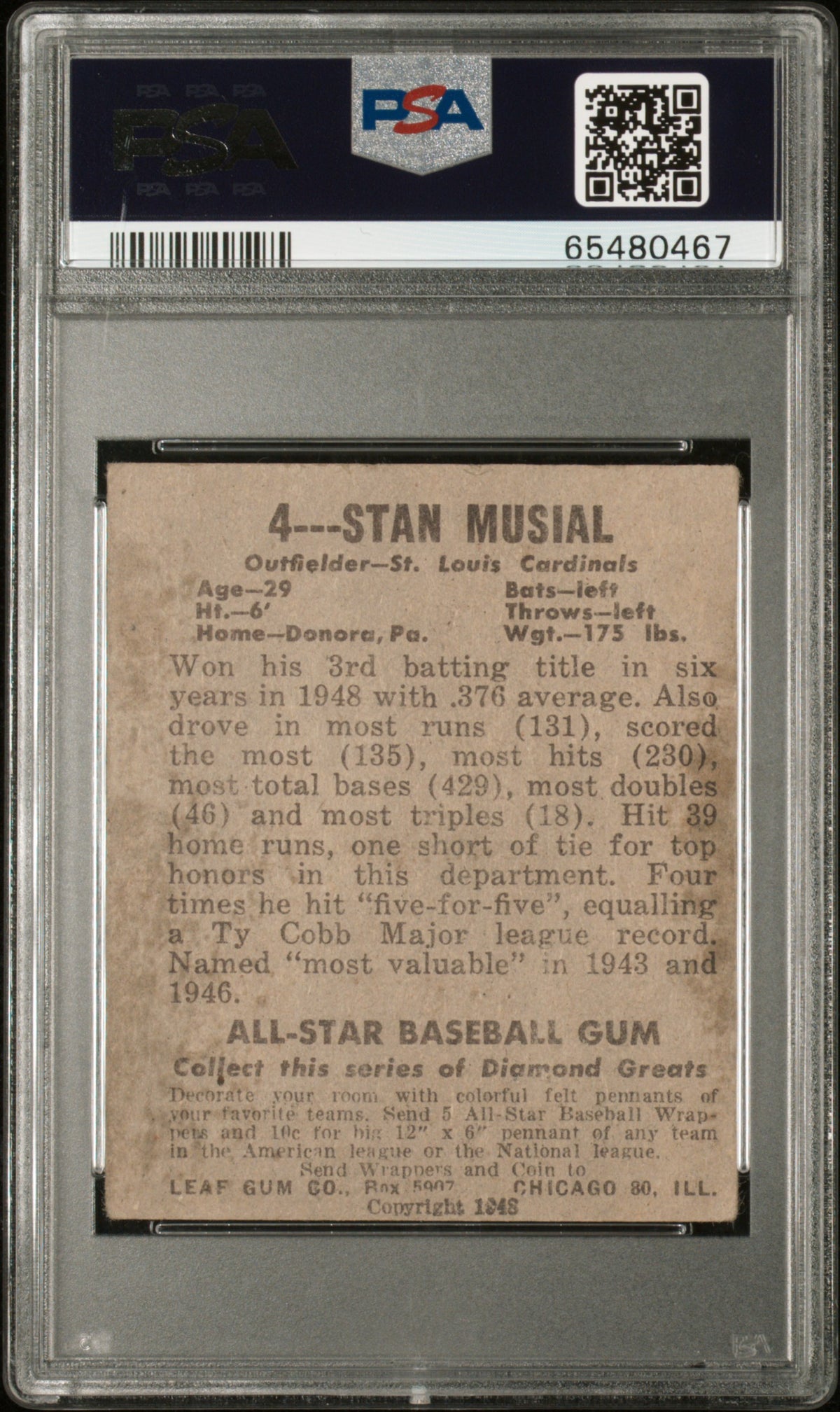 1948 Leaf #4 Stan Musial Rookie HOF Cardinals PSA 3