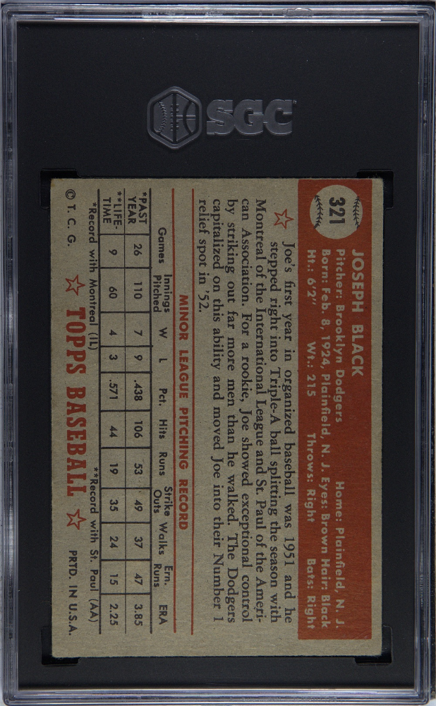 1952 Topps #321 Joe Black Dodgers SGC 3
