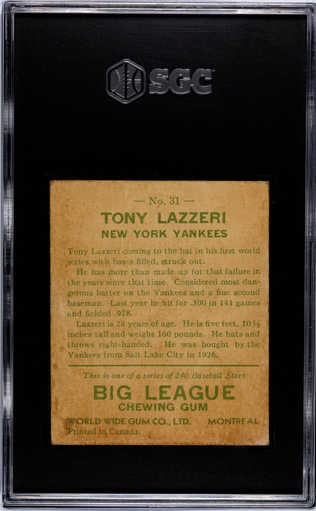 1933 Goudey World Wide Gum  #31 Tony Lazzeri  Yankees SGC 1.5